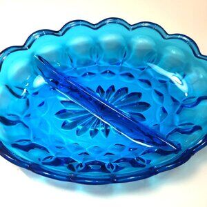 Vintage Anchor Hocking Fairfield Blue Glass Divided Relish Dish
